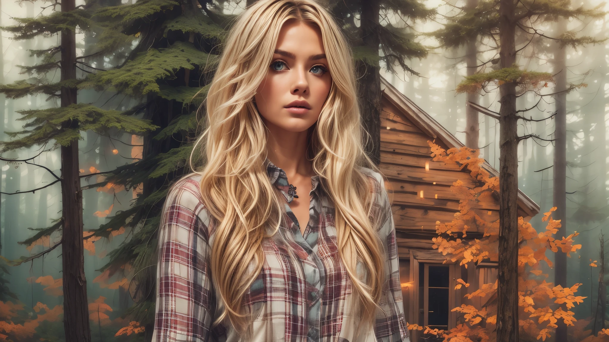 cabin in the woods, dense trees, dark woods, Beautiful woman, plaid long-sleeved flannel shirt, long wavy blonde hair, 