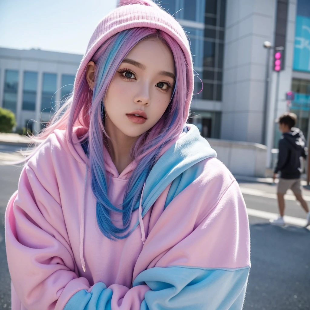 1 girl, pink and blue hair gradient,  selfie, hoodie, sexy cloth