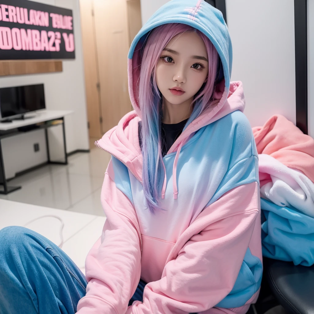 1 girl, pink and blue hair gradient, selfie, hoodie, sexy cloth
