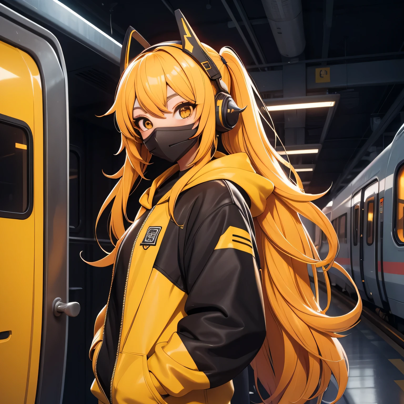A girl, yellow hair, long hair, feminime, soft smile, yellow hoodie jacket, glowing orange eyes, train background, wearing black headphone, full body, masker, twintail hair,