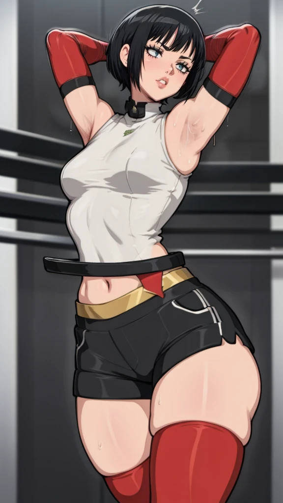 gym background、Super detailed illustrations、Super precise expression、masterpiece、highest quality、ultra high resolution、high resolution、(Sweat、body fluid)、shiny skin、black hair、bob cut hair、red eyes、black croptop turtleneck、sleeveless、Standing picture、hot pants、put hands behind head, armpits, armpits visible, sweaty armpits, small breasts