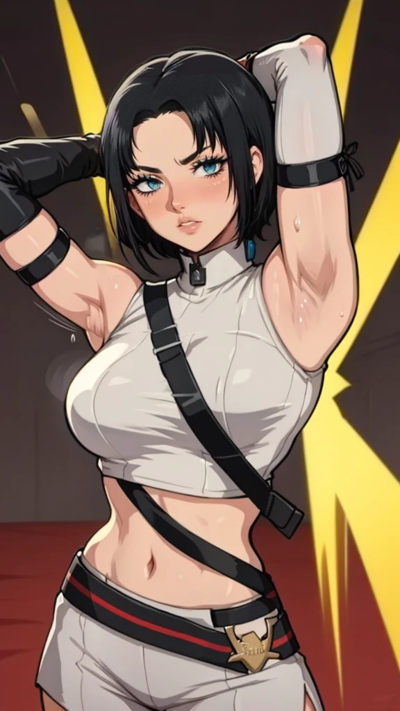 gym background、Super detailed illustrations、Super precise expression、masterpiece、highest quality、ultra high resolution、high resolution、(Sweat、body fluid)、shiny skin、black hair、bob cut hair、red eyes、black croptop turtleneck、sleeveless、Standing picture、hot pants、put hands behind head, armpits, armpits visible, sweaty armpits, small breasts