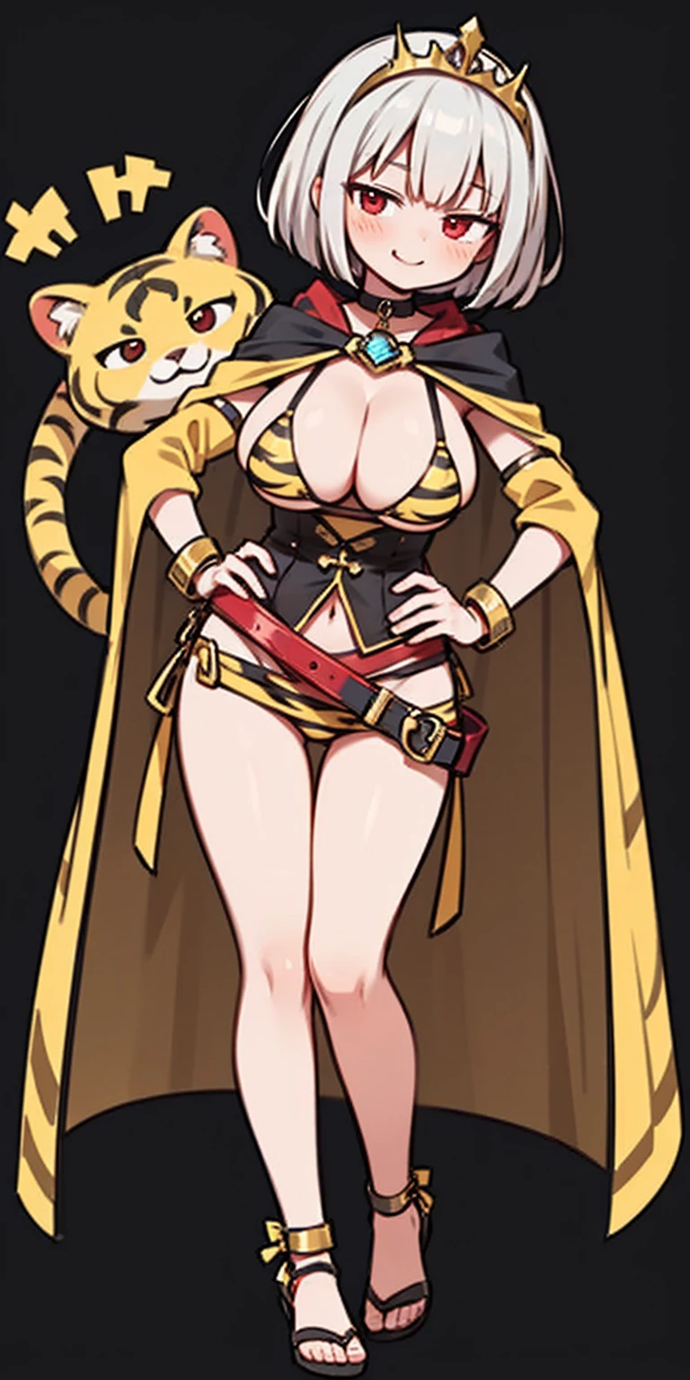 ((BLACK BACKGROUND 1:2, masterpiece)) 1solo female full body MILF BIMBO standing straight symmetrical with two long thighs and two metal sandals, red eyes like rubies, eye focus looking to the viewer, silver white hair, short bob style hair, big knockers breastplate, breastplate, cleavage, tiara royal, long cape up to two feet, yellow bikini (yellow tiger stripes), lustful smirking smiling, smile face (red blushed, red cheeks), pauldrons metal shoulders, gold sleeveless bracelets, separate sleeves, hands on waist hands OR hips, golden bracers, metal handcuffs, leather corset, red loincloth, black leather choker slave collar, shackles bracelets, slave red crest under navel, navel, big belt around waist OR hips, feet together, metal ankle, two long thighs and two metal sandals
