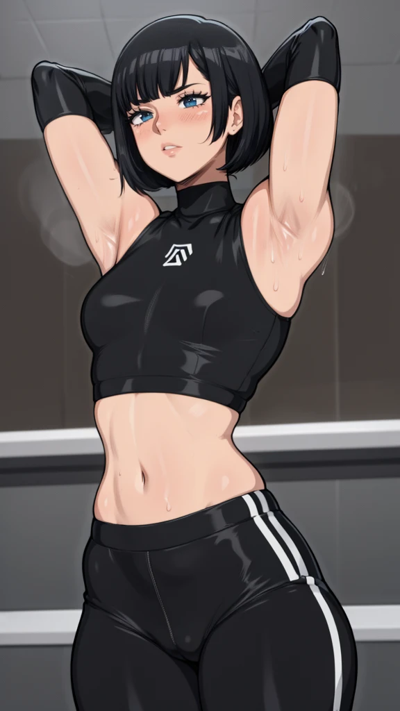 gym background、Super detailed illustrations、Super precise expression、masterpiece、highest quality、ultra high resolution、high resolution、(Sweat、body fluid)、shiny skin、black hair、bob cut hair、red eyes、black croptop turtleneck、sleeveless、Standing picture、hot pants、put hands behind head, armpits, armpits visible, sweaty armpits, small 