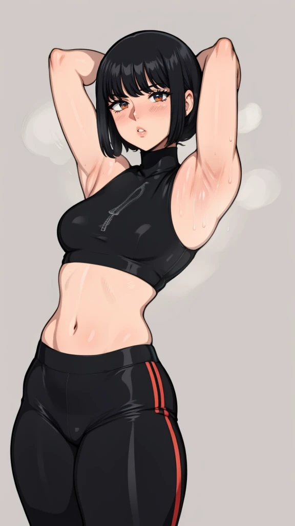 gym background、Super detailed illustrations、Super precise expression、masterpiece、highest quality、ultra high resolution、high resolution、(Sweat、body fluid)、shiny skin、black hair、bob cut hair、red eyes、black croptop turtleneck、sleeveless、Standing picture、hot pants、put hands behind head, armpits, armpits visible, sweaty armpits, small breasts