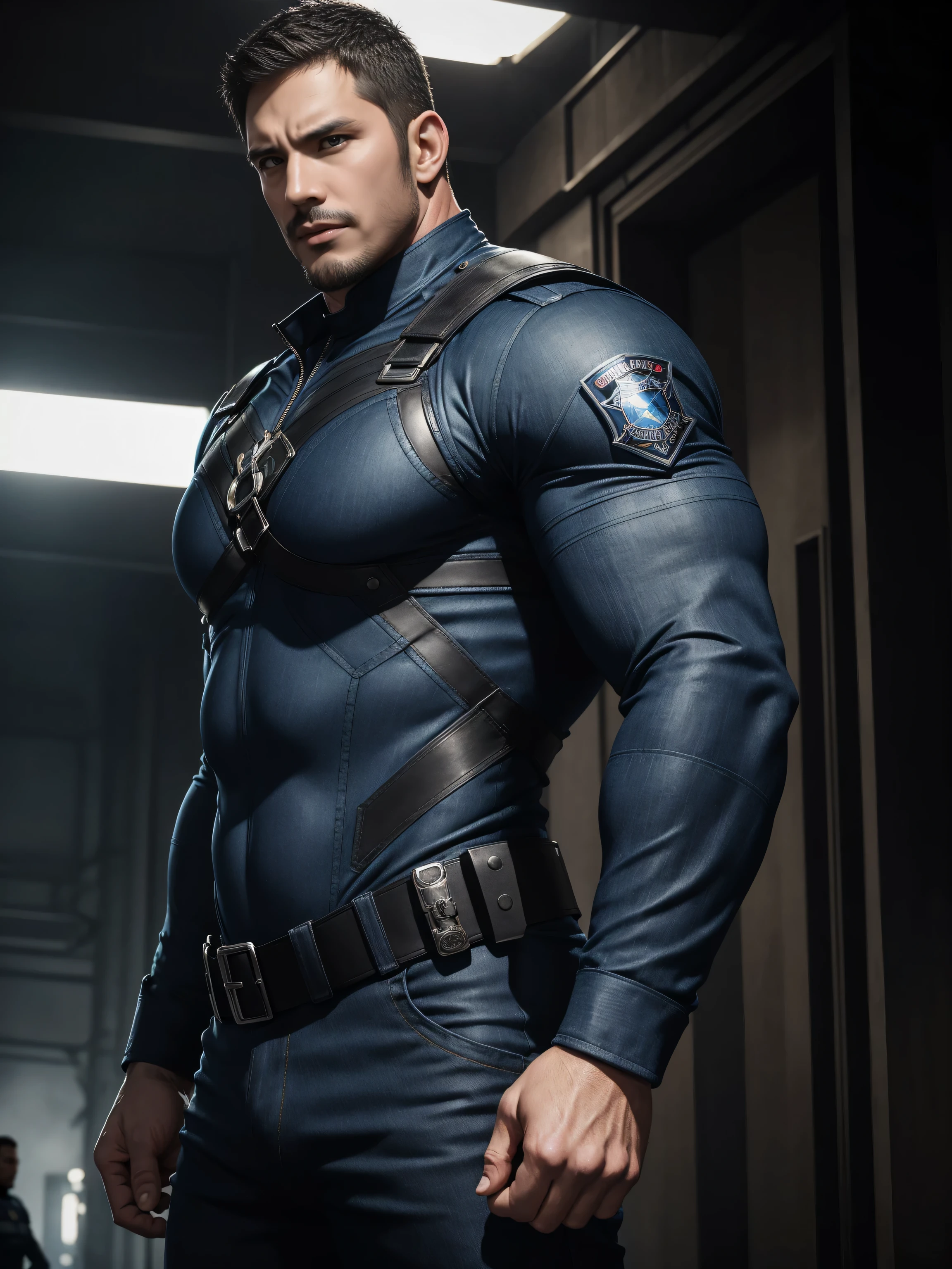One Tall giant muscular police officer,  Buzz Cut，On the old-style outdoor streets, Wear a long-sleeved dark blue superhero Black Panther bodysuit, Denim fabric texture，The expression is arrogant, Lift your chin, Messy hair, Thick thighs, High collar, long sleeves, dark blue superhero bodysuit, very tight, Regular symmetrical pattern, Highlight muscles, Police uniform pants, character concept（Resident Evil - Chris Redfield, Chris Redfield）A proud expression, Deep and charming eyes, Heroic male pose, tall Burly, muscular！muscular thighs, tough guy, perfect facial features, High, Burly, Heqiang, Super polished and cool, High Resolution Committee, Charismatic, The sun is blazing, dazzling
