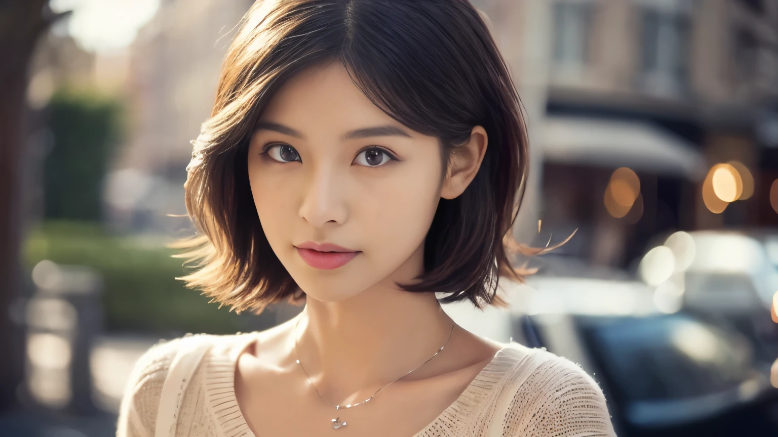 (highest quality、8K、32k、masterpiece、nffsw:1.2)、cute japanese women photos、big and full breasts、very short bobbed hair、Upper body、surface focus、extra large_sweater、necklace、Background of the café、From above、Viewer looking x4、(8K、RAW photo、highest quality、masterpiece:1.2)、(realistic、Photoreal:1.37)、1 girl、cute、professional lighting、photon mapping、Physically based rendering、gradient brunette hair、short curly hair、Handsome、girly、excellent image quality、High resolution、1080p、(clean face)、(Detailed facial description)、(Detailed hand explanation)、(Masseter muscle part)、(Detailed CG)、 extreme light and shadow、hair is dirty、masterpiece、rich details、(exquisite features)、(best image quality)、(masterpiece)、(detailed eye)、looking forward to your eyes、delicate clavicle、Various poses、Don'don't watch the mela、profile、Photographed inside the cafe、Spring clothes、simple necklace、light blue knit