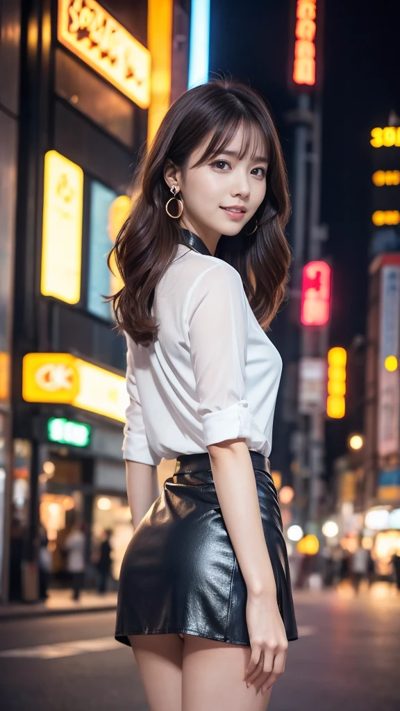 1girl, realistic, solo, (8k, best quality, masterpiece:1.2), best quality, 20years old, pretty women, cute, high detail RAW color photo, professional photograph, highly detailed background, cute girl, shiny skin, slender body, dark blown hair, smile, beautifully detailed eyes, famous Japanese idol, kawaii, necklace, earrings, full body, neon city, night city, neon sign, dynamic lighting, beautiful legs, looking at back viewer, put on big shirts, mini skirt,