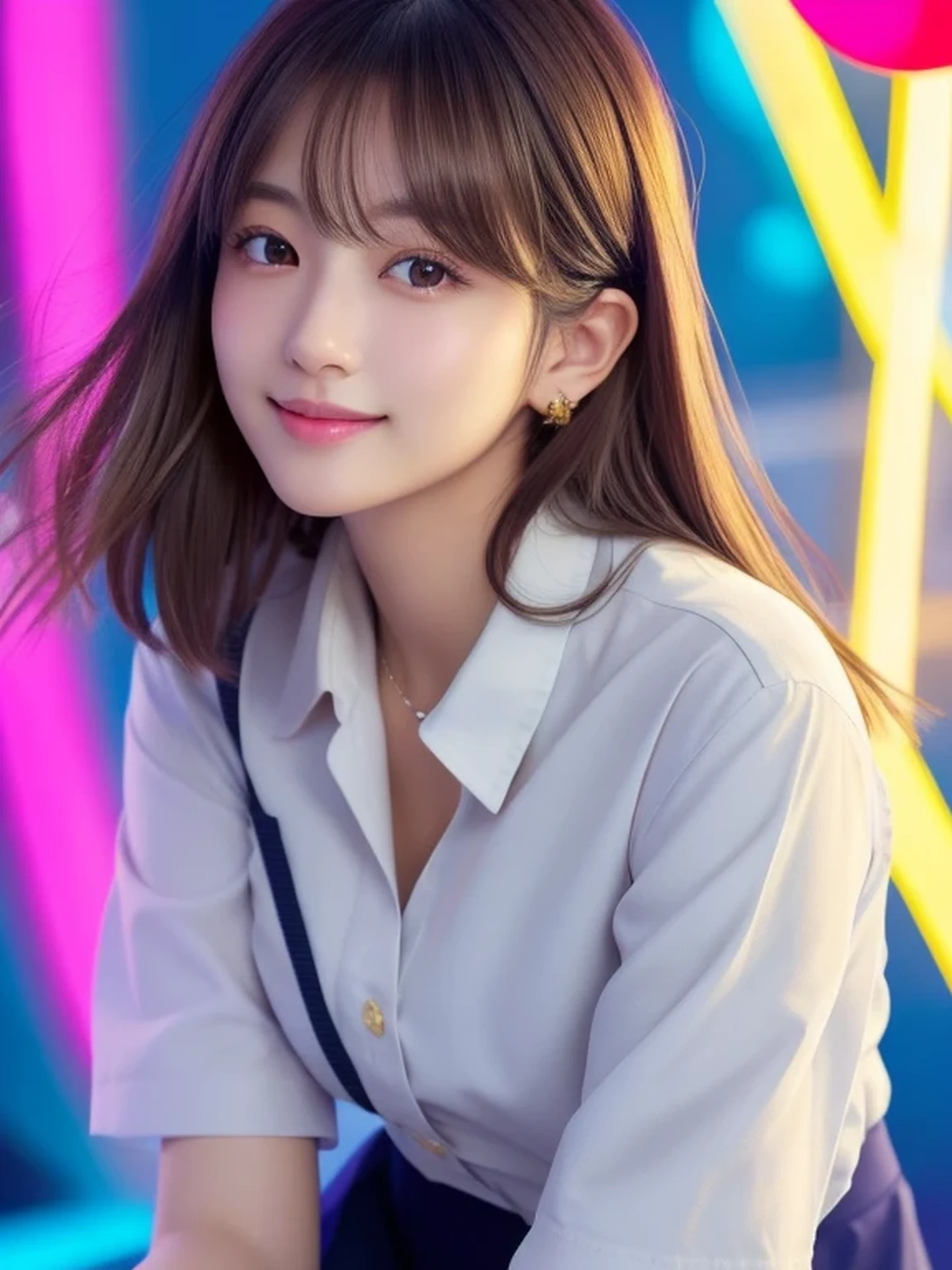 Beautiful Japanese Woman, Soft skin and a nice perfect face, A small face with a nose and rosy lips, Beautiful Eyes, Beautiful smile. black, Surrounded by a bright, ethereal glow、Thin, long, beautiful hair. A loose, short hairstyle with gradation highlights and layers of greyish beige, Navy band collar shirt x yellow houndstooth flare skirt, Bright neon colorful background, Hyperrealistic female photos, High quality high resolution 8K masterpiece