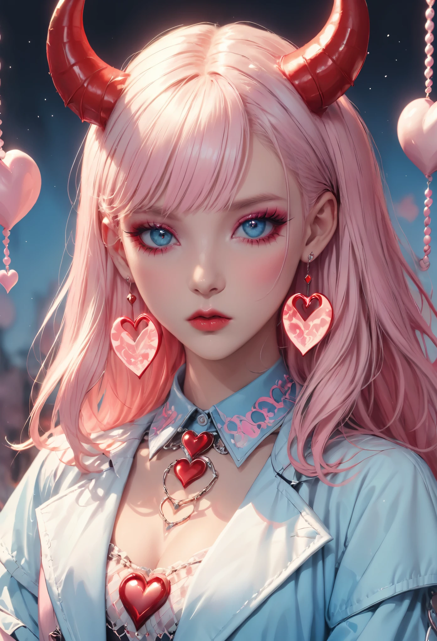 1girl, albino demon girl, (long devil horns) ,heavy makeup, earrings,candycore outfits,pastel aesthetic,Maximalism Pink Lolita Fashion, Clothes with kawaii prints inspired by Decora, cute pastel colors, Pastel Blue, ,beautiful red eyes , heart,,emo,kawaiitech,dollskill
