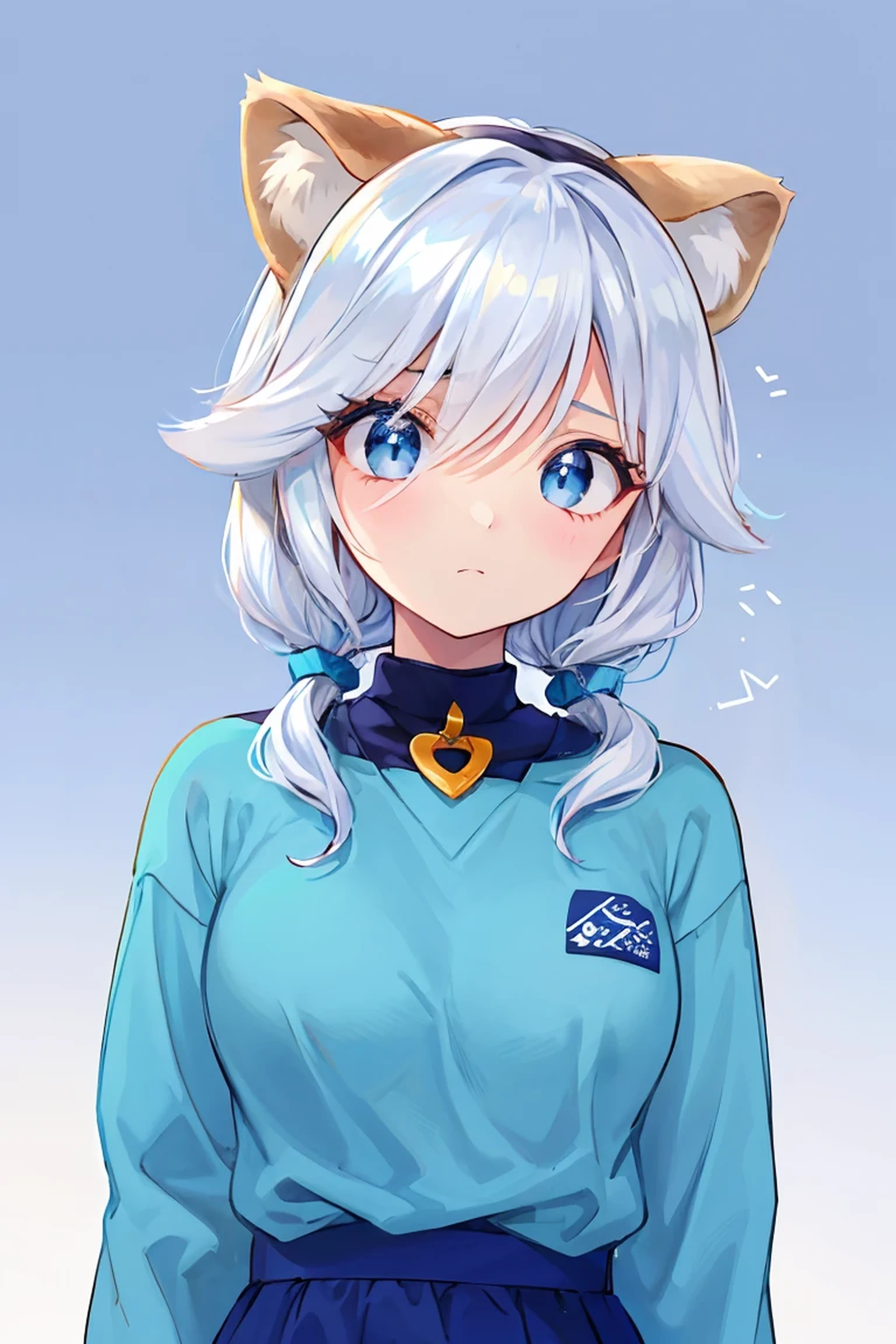 cabelo azul claro、Olhos azuis claros e brancos、Tem orelhas de urso、braided、Light Blue Sweater Outfits(Uniformes)、bonitinho、garota com, plain background,