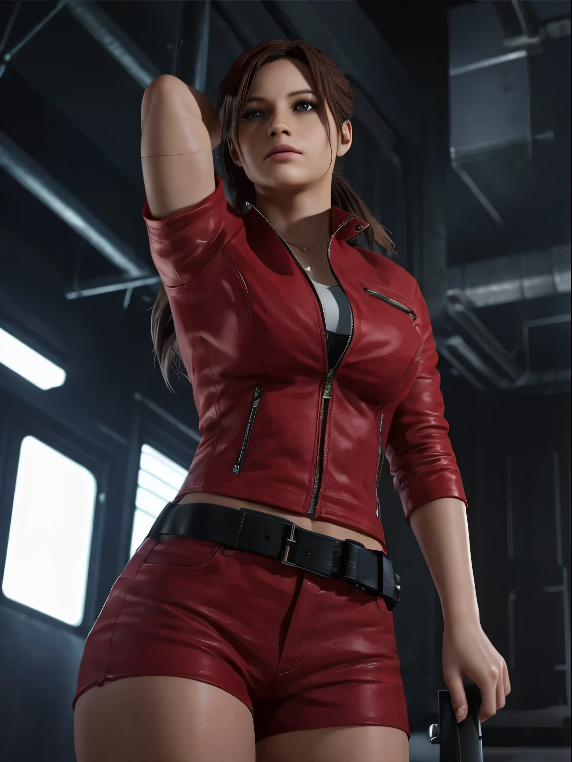 Claire Redfield, {{master part, best quality, CG extremamente detalhado, Unity 8k papel de parede, Cinematic lighting}},  1girl, Mulher nova, corpo inteiro, dia ensolarado, belos olhos detalhados, (seios grandes, clivagem), Bunda redonda, looking up at the audience, long eyelashes