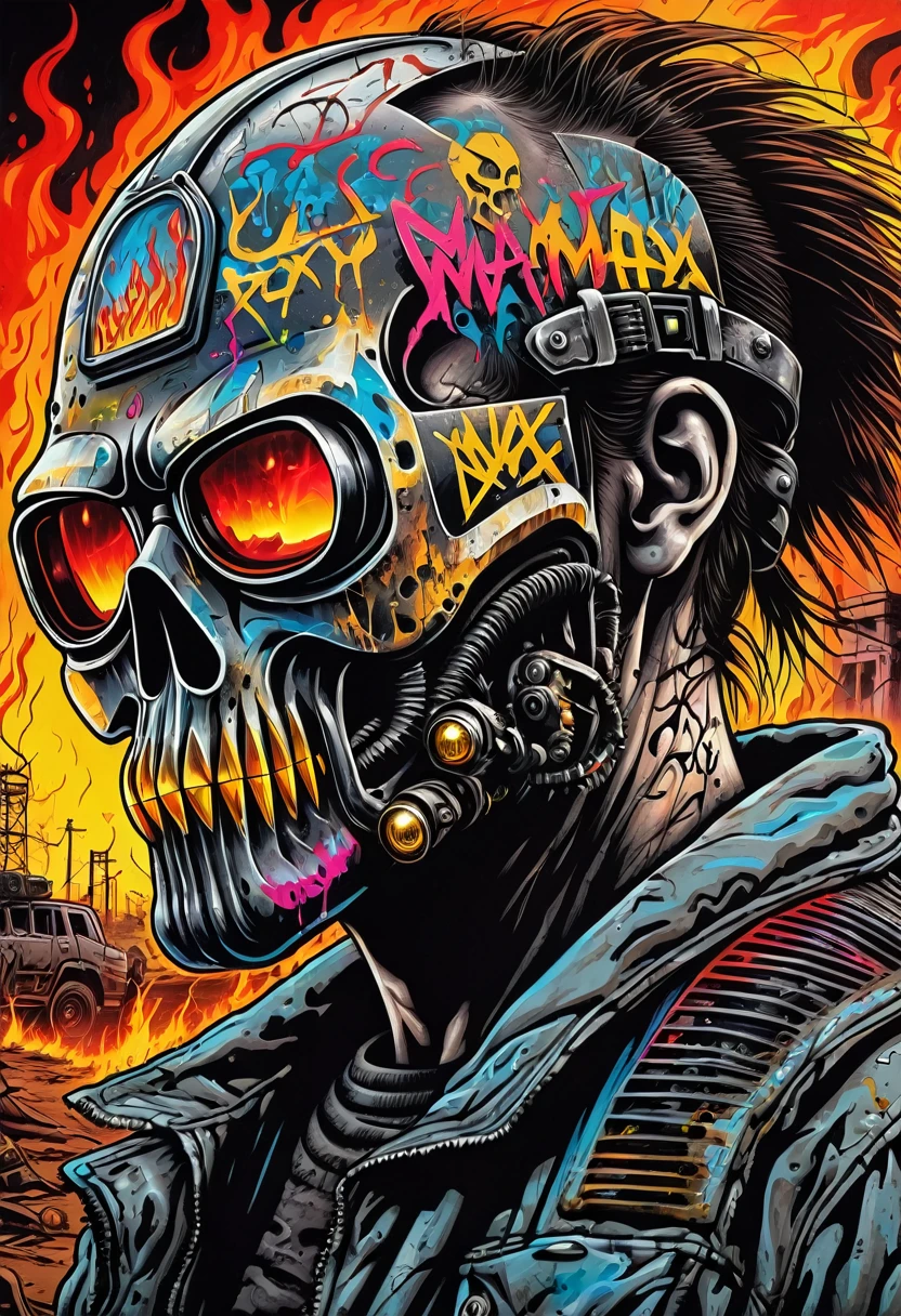 Mad Max style grafitti,1980's horror style, fire, laser, hard style graffiti, art, horror comic, wasteland, apocalyptic