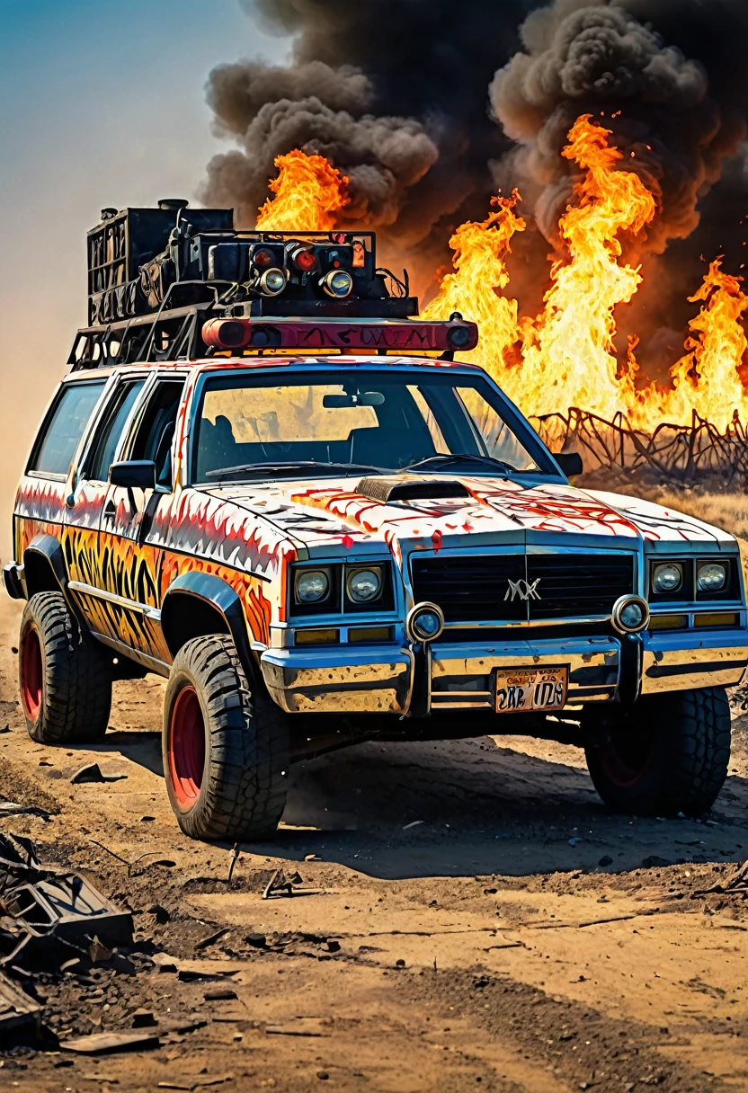 Mad Max style grafitti,1980's horror style, fire, laser, hard style graffiti, art, horror comic, wasteland, apocalyptic