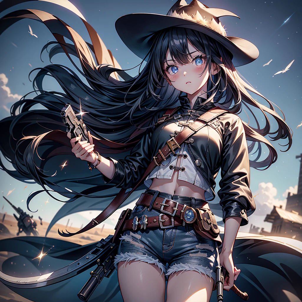 highest quality、Masterpiece、Official Art、The best composition、Western Hat、Western Boots、White bustier、hot pants、Gun hanging from waist、Wind、deep focus,absurdres、detailed eyes and face、minaba hideo、 Grim Reaper's Scythe、Future flying vehicles、Sparkling eyes、