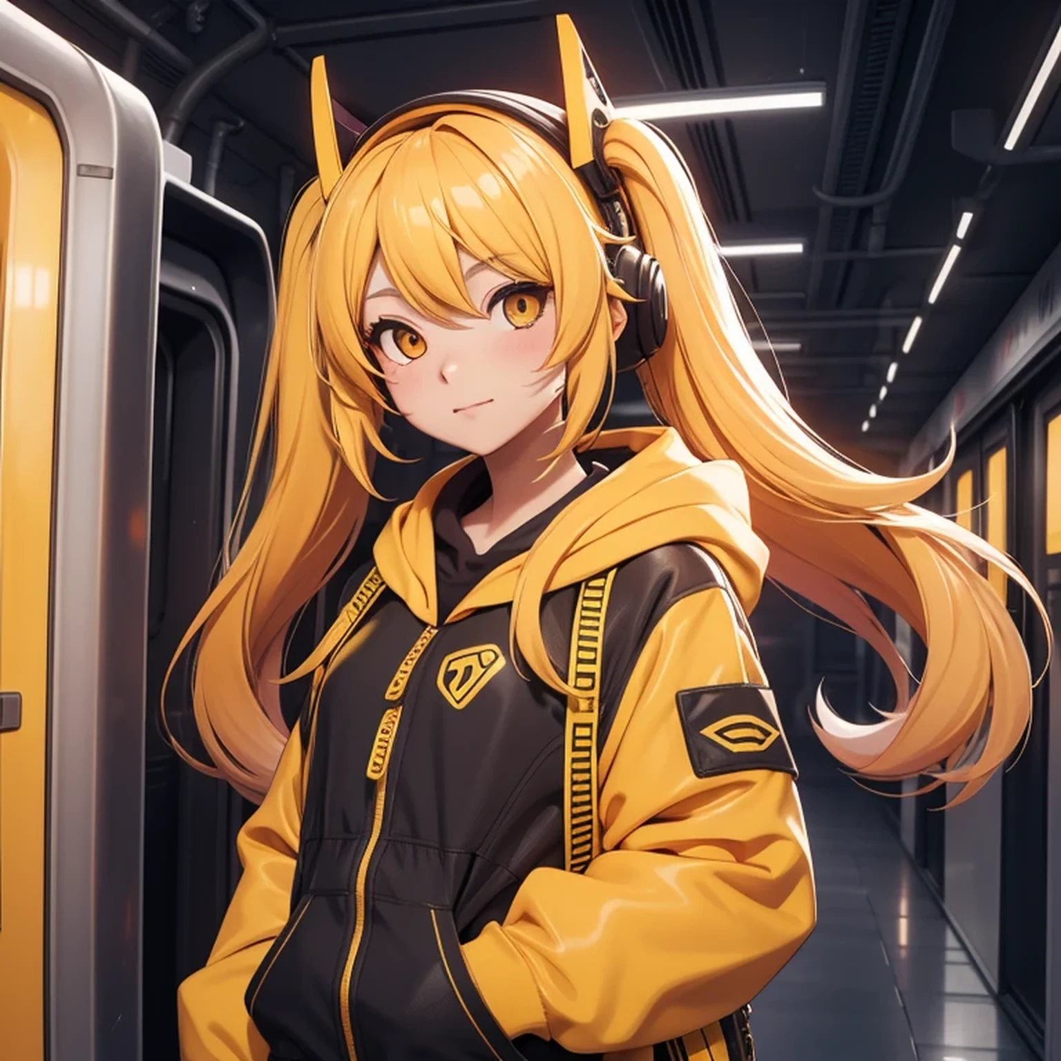 A girl, yellow hair, long hair, feminime, soft smile, yellow hoodie jacket, glowing orange eyes, train background, wearing black headphone, full body, masker, twintail hair,