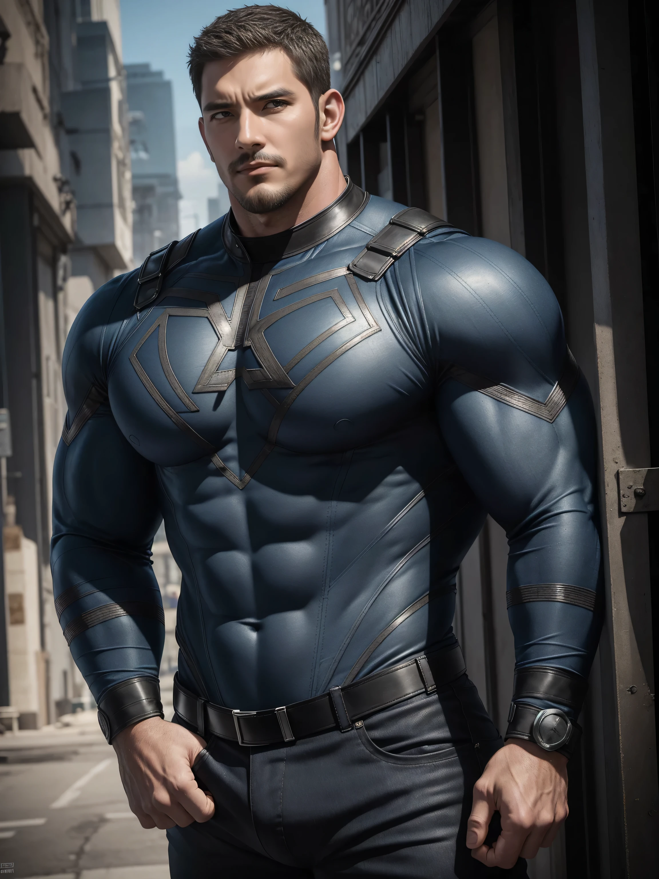 One Tall giant muscular police officer, Buzz Cut,On the old-style outdoor streets, Wear a long-sleeved dark blue superhero Black Panther bodysuit, Denim fabric texture,The expression is arrogant, Lift your chin, Messy hair, Thick thighs, High collar, long sleeves, dark blue superhero bodysuit, very tight, Regular symmetrical pattern, Highlight muscles, Police uniform pants, character concept(Resident Evil - Chris Redfield, Chris Redfield)A proud expression, Deep and charming eyes, Heroic male pose, tall Burly, muscular!muscular thighs, tough guy, perfect facial features, High, Burly, Heqiang, Super polished and cool, High Resolution Committee, Charismatic, The sun is blazing, dazzling
