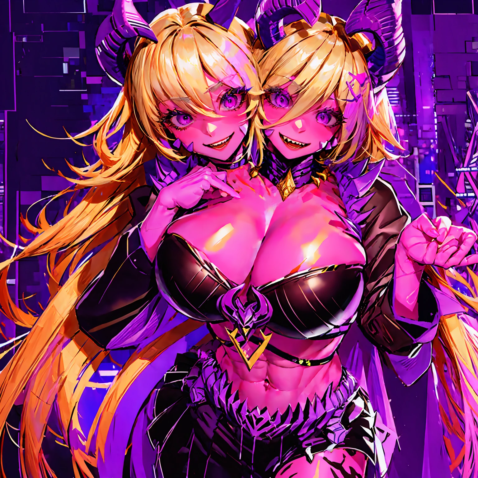 masterpiece,best quality,best resolusion,1 girl,2heads,detailed,Beth character,Has two purple horns on a slightly curved head,long blonde hair,purple skin,purple eyes,smile,wearing a black hooded jacket,normal breasts,night market background,beautiful face,beautiful hair,beautiful eyes,beautiful body,beautiful hand,perfect lighting,colored