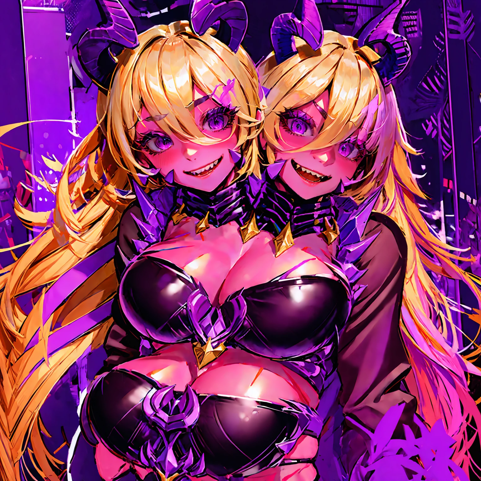 masterpiece,best quality,best resolusion,1 girl,2heads,detailed,Beth character,Has two purple horns on a slightly curved head,long blonde hair,purple skin,purple eyes,smile,wearing a black hooded jacket,normal breasts,night market background,beautiful face,beautiful hair,beautiful eyes,beautiful body,beautiful hand,perfect lighting,colored 