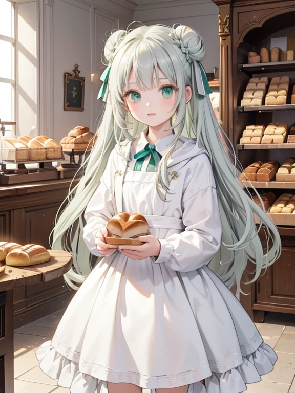 masterpiece, highest quality, Very detailed, 16k, Ultra-high resolution, -yeld gi Detailed face, Green Eyes, Silver Hair, Bun Hair, White hood, White workwear, France, bakery, Inside the store, There are countless breads around, Carry bread