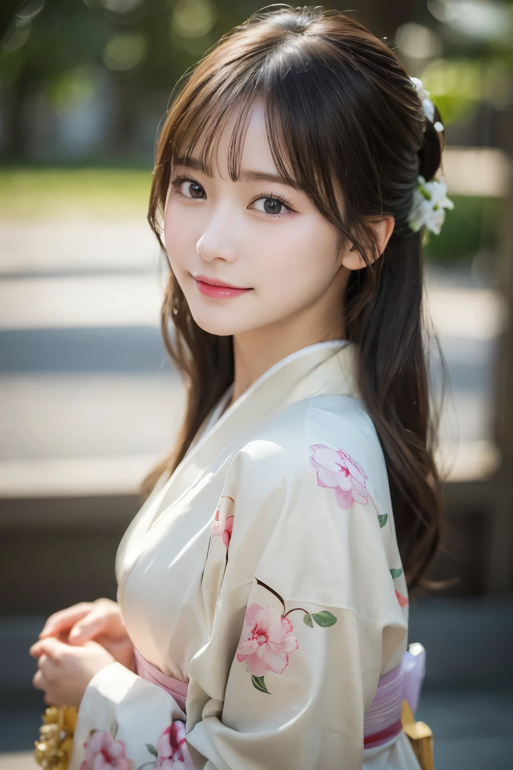 (Wearing a kimono correctly)、(highest quality、8k、High resolution、masterpiece:1.2)、Very detailed、(Realistic、photoRealistic、photo-Realistic:1.3)、Bokeh、Smile、(Beautifully detailed eyes、beautiful girl、Young face、Detailed face、Childish look、No makeup)、Slightly backlit、Depth of written boundary、chromatic aberration、Use natural light and color、Wide range of lighting、Natural Shading、Caustics