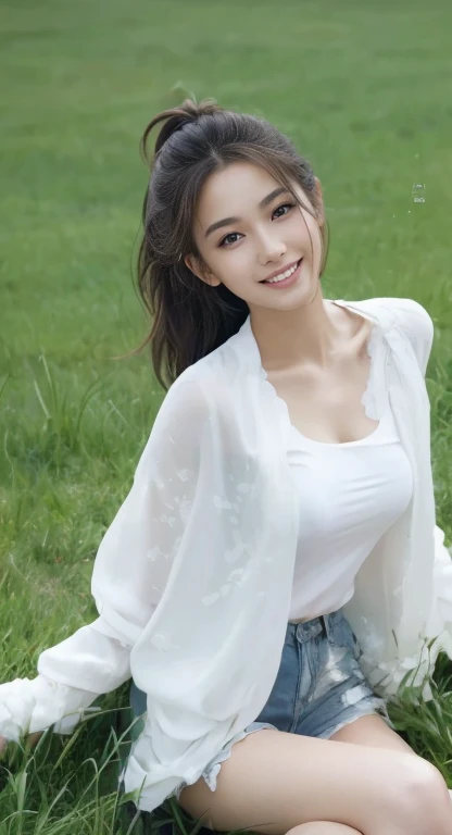 (on the table, best quality, Realistically, Ultra Detailed, meticulous, high resolution, 8k wallpaper), Close-up portrait of a beautiful woman, like, Smile, Light brown messy hair, Perfect dynamic composition, Beautiful and meticulous eyes, Just like the cover of a fashion magazine, On Campus