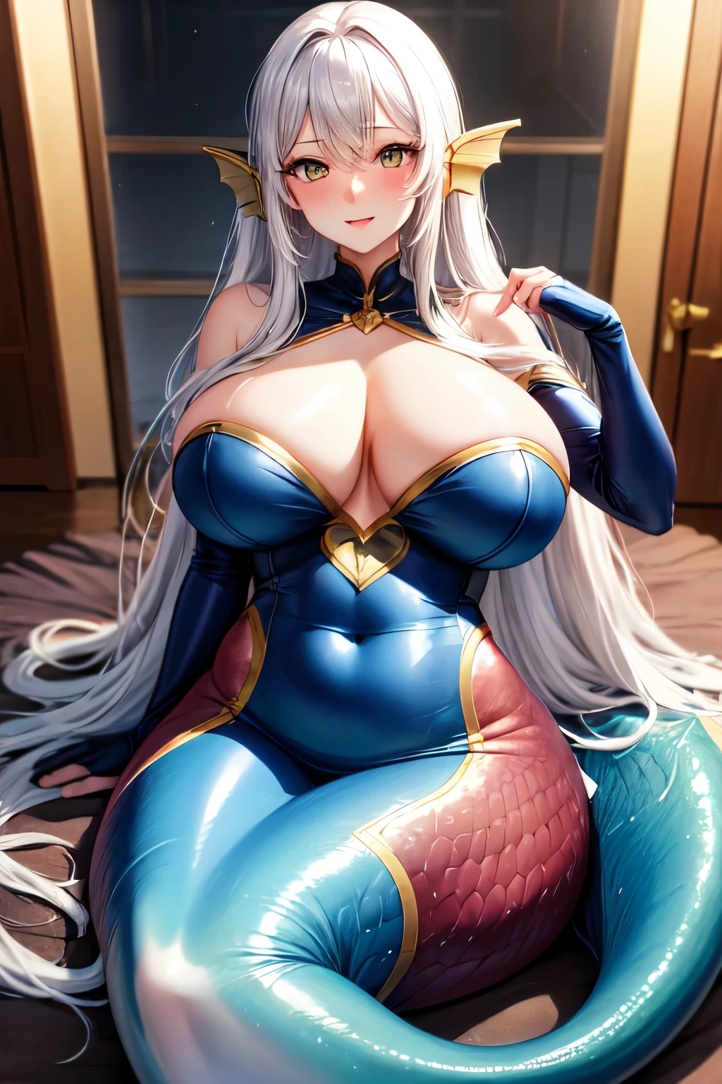 A half-whale mermaid with long white hair and golden eyes, super very big bosom , Tomboy,Milf