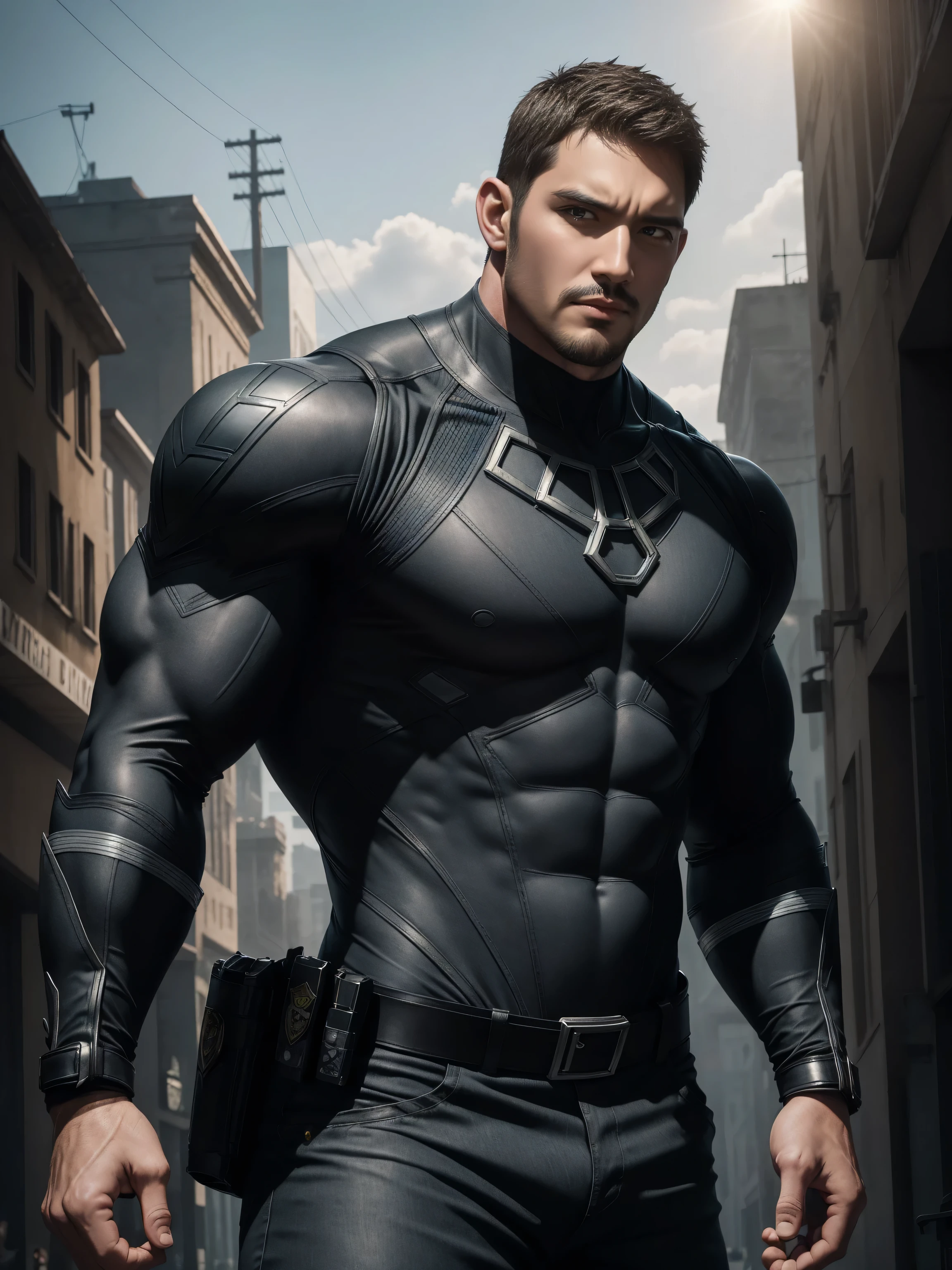 One Tall giant muscular police officer,  Buzz Cut，On the old-style outdoor streets, Wear long-sleeved grey-brown superhero Black Panther bodysuit, Denim fabric texture，The expression is arrogant, Lift your chin, Messy hair, Thick thighs, High Neck Long Sleeve Gray Brown Superhero Bodysuit, very tight, Regular symmetrical pattern, Highlight muscles, Police uniform pants, character concept（Resident Evil - Chris Redfield, Chris Redfield）A proud expression, Deep and charming eyes, Heroic male pose, tall Burly, muscular！muscular thighs, tough guy, perfect facial features, High, Burly, Heqiang, Super polished and cool, High Resolution Committee, Charismatic, The sun is blazing, dazzling