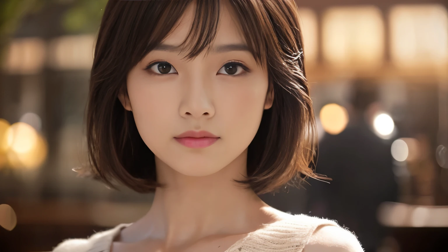 (highest quality、8K、32k、masterpiece、nffsw:1.2)、cute japanese women photos、big and full breasts、very short bobbed hair、Upper body、surface focus、extra large_sweater、necklace、Background of the café、From above、Viewer looking x4、(8K、RAW photo、highest quality、masterpiece:1.2)、(realistic、Photoreal:1.37)、1 girl、cute、professional lighting、photon mapping、Physically based rendering、gradient brunette hair、short curly hair、Handsome、girly、excellent image quality、High resolution、1080p、(clean face)、(Detailed facial description)、(Detailed hand explanation)、(Masseter muscle part)、(Detailed CG)、 extreme light and shadow、hair is dirty、masterpiece、rich details、(exquisite features)、(best image quality)、(masterpiece)、(detailed eye)、looking forward to your eyes、delicate clavicle、Various poses、Don&#39;don&#39;t watch the mela、profile、Photographed inside the cafe、Spring clothes、simple necklace、light blue knit