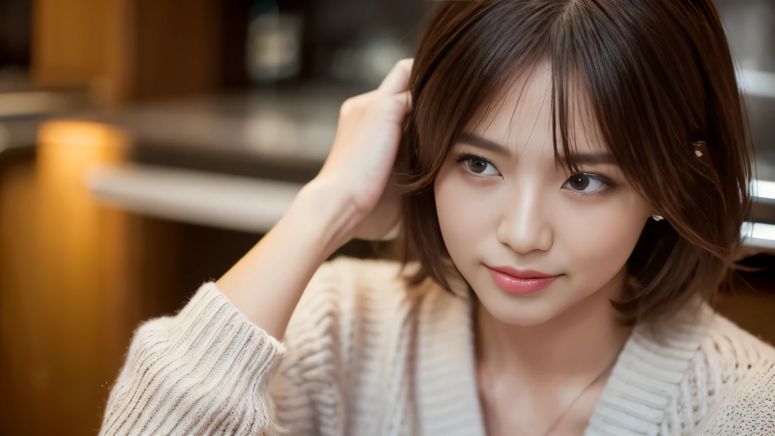(highest quality、8K、32k、masterpiece、nffsw:1.2)、cute japanese women photos、big and full breasts、very short bobbed hair、Upper body、surface focus、extra large_sweater、necklace、Background of the café、From above、Viewer looking x4、(8K、RAW photo、highest quality、masterpiece:1.2)、(realistic、Photoreal:1.37)、1 girl、cute、professional lighting、photon mapping、Physically based rendering、gradient brunette hair、short curly hair、Handsome、girly、excellent image quality、High resolution、1080p、(clean face)、(Detailed facial description)、(Detailed hand explanation)、(Masseter muscle part)、(Detailed CG)、 extreme light and shadow、hair is dirty、masterpiece、rich details、(exquisite features)、(best image quality)、(masterpiece)、(detailed eye)、looking forward to your eyes、delicate clavicle、Various poses、Don'don't watch the mela、profile、Photographed inside the cafe、Spring clothes、simple necklace、light blue knit