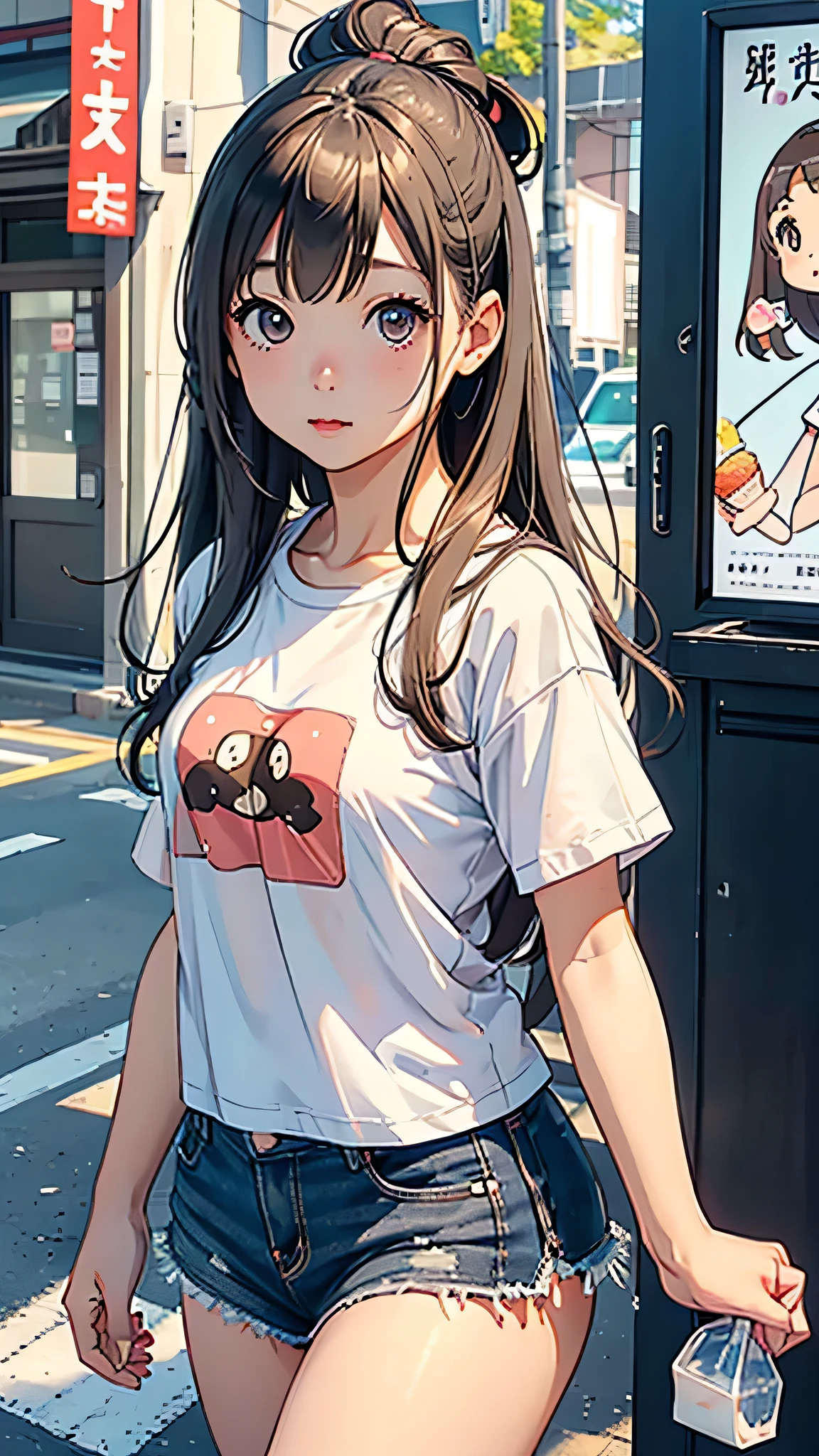 highest quality、Realistic、female、Japanese、zoom、cute、Gray Eyes、Chestnut Hair、Bonytail、Large white T-shirt、mini skirt、Chubby、Eat soft serve ice cream