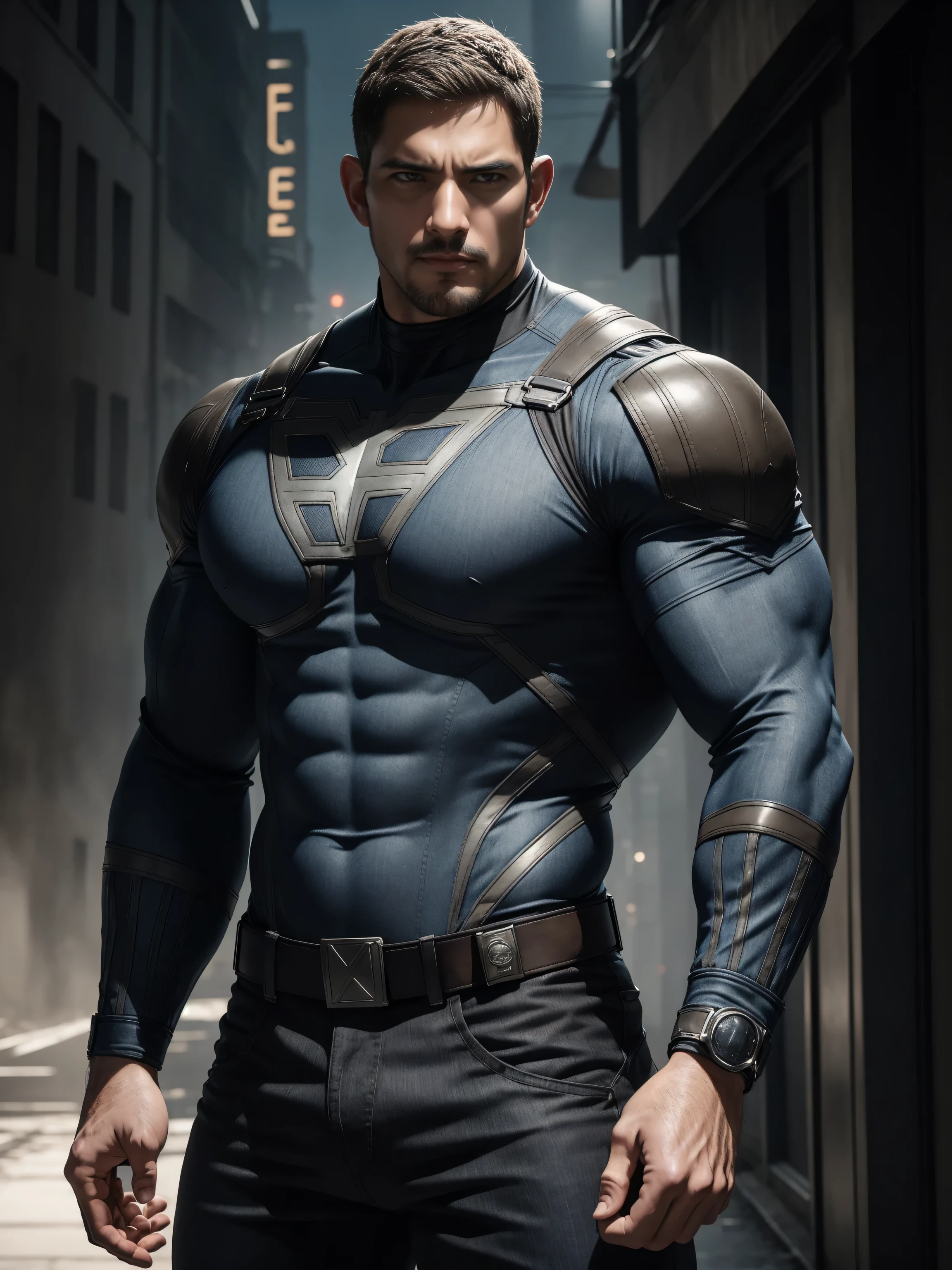 One Tall giant muscular police officer, Buzz Cut,On the old-style outdoor streets, Wear long-sleeved grey-brown superhero Black Panther bodysuit, Denim fabric texture,The expression is arrogant, Lift your chin, Messy hair, Thick thighs, High Neck Long Sleeve Gray Brown Superhero Bodysuit, very tight, Regular symmetrical pattern, Highlight muscles, Police uniform pants, character concept(Resident Evil - Chris Redfield, Chris Redfield)A proud expression, Deep and charming eyes, Heroic male pose, tall Burly, muscular!muscular thighs, tough guy, perfect facial features, High, Burly, Heqiang, Super polished and cool, High Resolution Committee, Charismatic, The sun is blazing, dazzling