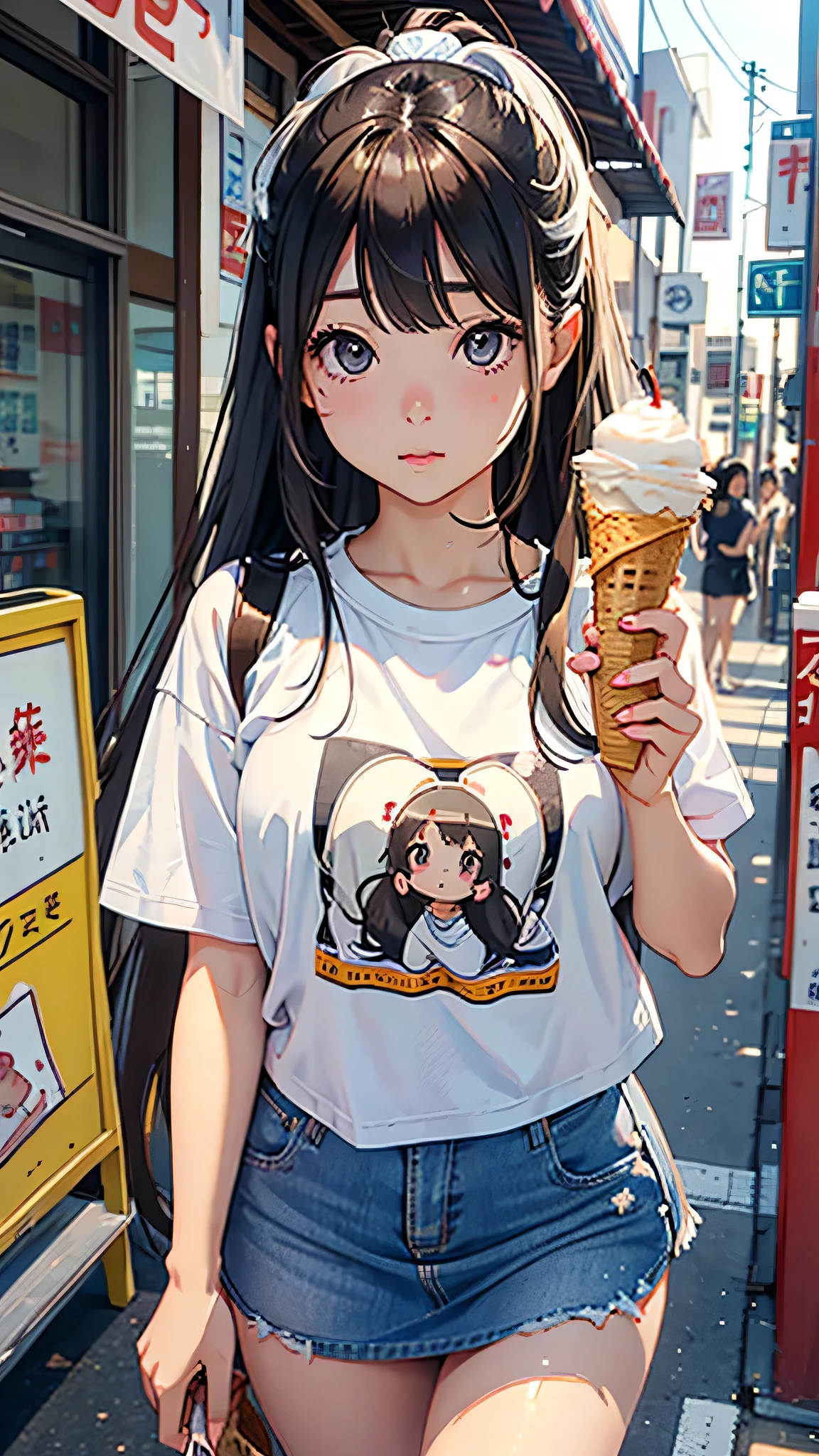 highest quality、Realistic、female、Japanese、zoom、cute、Gray Eyes、Chestnut Hair、Bonytail、Large white T-shirt、mini skirt、Chubby、Eat soft serve ice cream