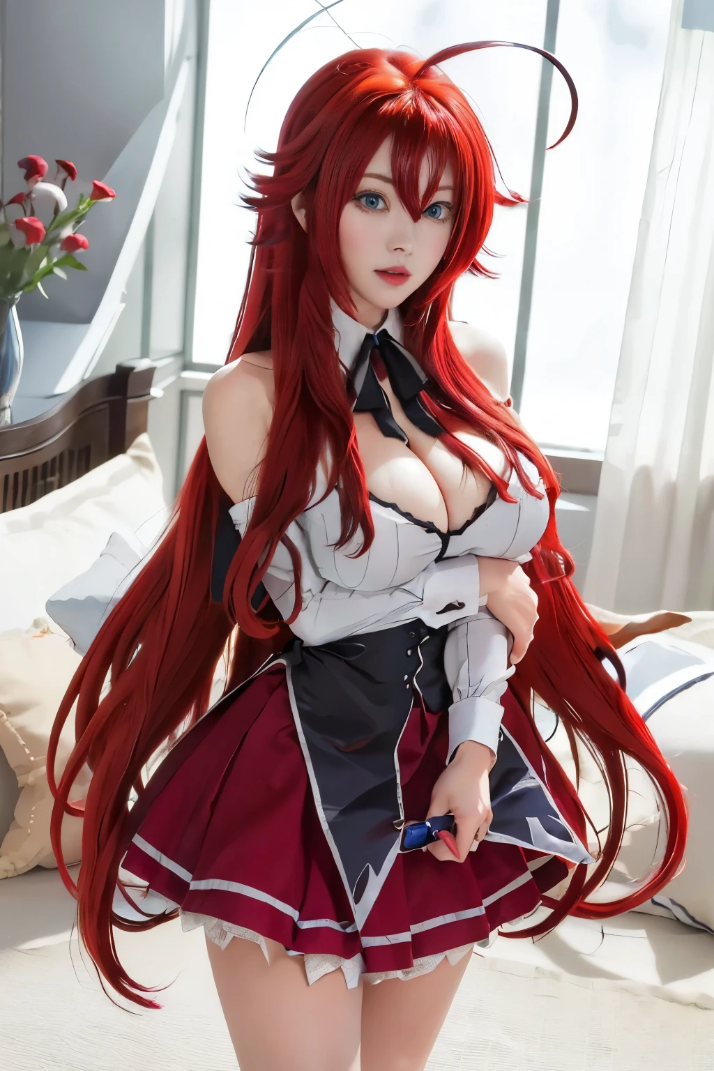 masterpiece, best quality, highres, best quality, highres, rias gremory, 1girl, long hair,unbottened , red hair, ahoge, blue eyes, large breasts, very long hair, breasts, skirt, huge ahoge, garterbelt, stocking, outdoors, standing,