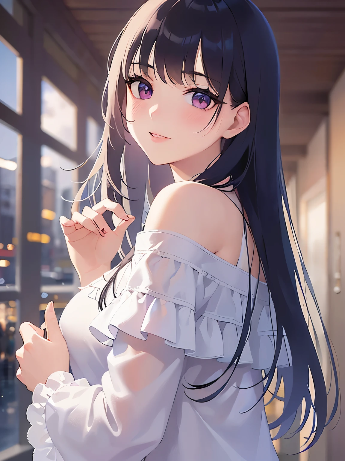 shooting from above、looking up, hands on chest、Upper Body, Realistic, real person, (pale skin: 1.2), RAW photo, photorealistic, portrait photography, shiny skin, japanese idol、shiny hair、(25 year old woman with medium hair with bangs) and (wavy hair) and (brown hair) and (orange eyes) , (white) and (off shoulder blouse)、(embarrassed:1.3), smile, open mouth, shopping street at night、