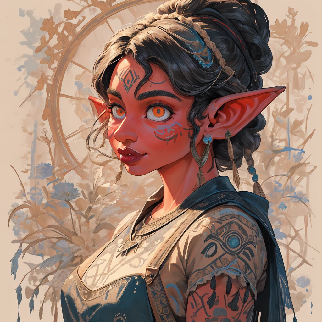 Create an illustrated, hand-drawn, full-color masterpiece with warm lighting and shadows. Incorporate graphite shading, stencil marks, and airbrushed acrylic paint in the style of "Breath of the Wild." The image should feature a beautiful goblin woman with a humanoid, furry appearance. She has red skin, bright eyes, luscious lips, and a wide smile. Depict her with a perfect, symmetrical face and a curvy hourglass figure with large breasts. She is wearing a long flowing lacey dress with a high neck and long billowing skirts. The background should be detailed and sharp, adding to the overall high-resolution, best quality, and detailed art piece.