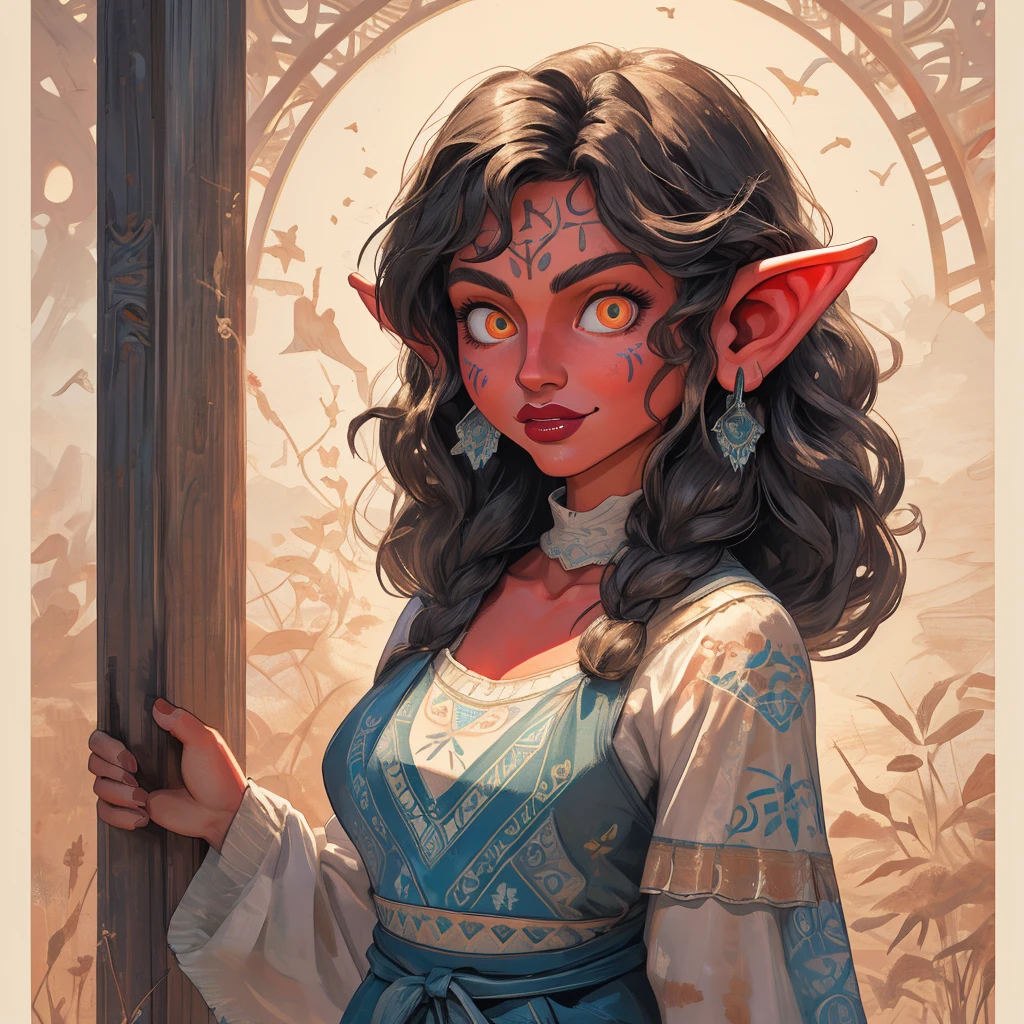 Create an illustrated, hand-drawn, full-color masterpiece with warm lighting and shadows. Incorporate graphite shading, stencil marks, and airbrushed acrylic paint in the style of "Breath of the Wild." The image should feature a beautiful goblin woman with a humanoid, furry appearance. She has red skin, bright eyes, luscious lips, and a wide smile. Depict her with a perfect, symmetrical face and a curvy hourglass figure with large breasts. She is wearing a long flowing lacey dress with a high neck and long billowing skirts. The background should be detailed and sharp, adding to the overall high-resolution, best quality, and detailed art piece.