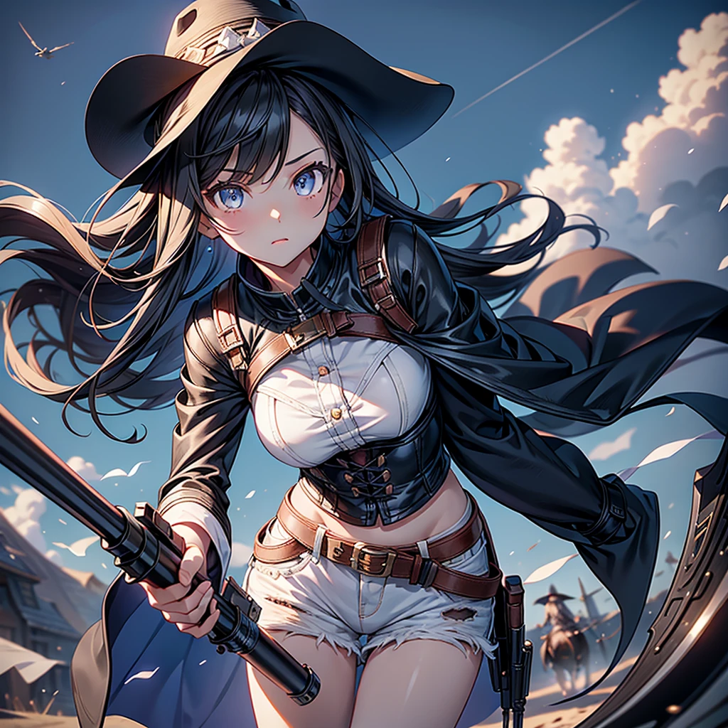 highest quality、Masterpiece、Official Art、The best composition、Western Hat、Western Boots、White bustier、hot pants、Gun hanging from waist、Wind、deep focus,absurdres、detailed eyes and face、minaba hideo、 Grim Reaper's Scythe、Future flying vehicles、Sparkling eyes、