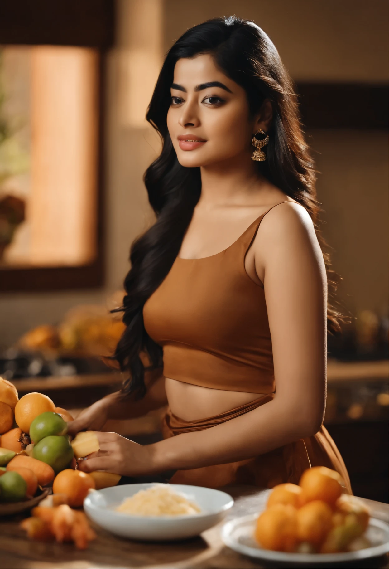 (rashmika mandanna) ass, black hair, breasts, brown eyes, carrot, cutting board, earrings, food, from behind, fruit, jewelry, kitchen, large breasts, lips, long hair, looking back, panties, table, thick thighs, thighs, underwear