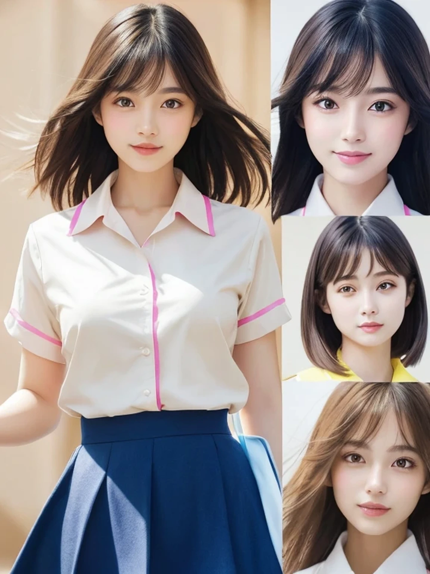 Beautiful Japanese Woman, Soft skin and a nice perfect face, A small face with a nose and rosy lips, Beautiful Eyes, Beautiful smile. black, Surrounded by a bright, ethereal glow、Thin, long, beautiful hair. A loose, short hairstyle with gradation highlights and layers of greyish beige, Navy band collar shirt x yellow houndstooth flare skirt, Bright neon colorful background, Hyperrealistic female photos, High quality high resolution 8K masterpiece