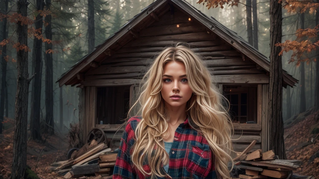 cabin in the woods, front porch, wood pile, rusty truck on cinderblocks, dense trees, dark woods, Beautiful woman, plaid long-sleeved flannel shirt, long wavy blonde hair, 