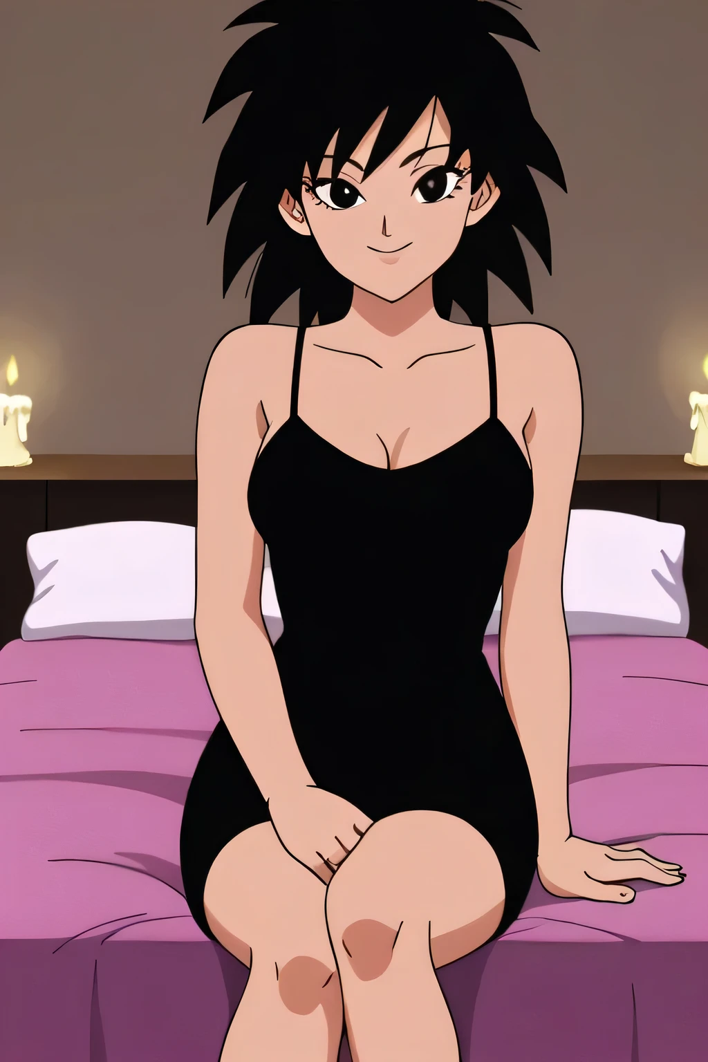 source_anime, score_9,score_8_up, score_7_up, ginedb, anime screencap, 1girl, solo, looking at viewer, smile, medium breasts, black hair, bare shoulders, medium breasts, smile, standing, cowboy shot, medium hair, black eyes, spiked hair, eyelashes, masterpiece, best quality, very aesthetic, absurdres, taut dress, spaghetti strap, black dress, sleeveless, sitting on her bed, cowboy shot, legs crossed, indoor, bedroom, sexy pose, pinup, candles lights across the bed