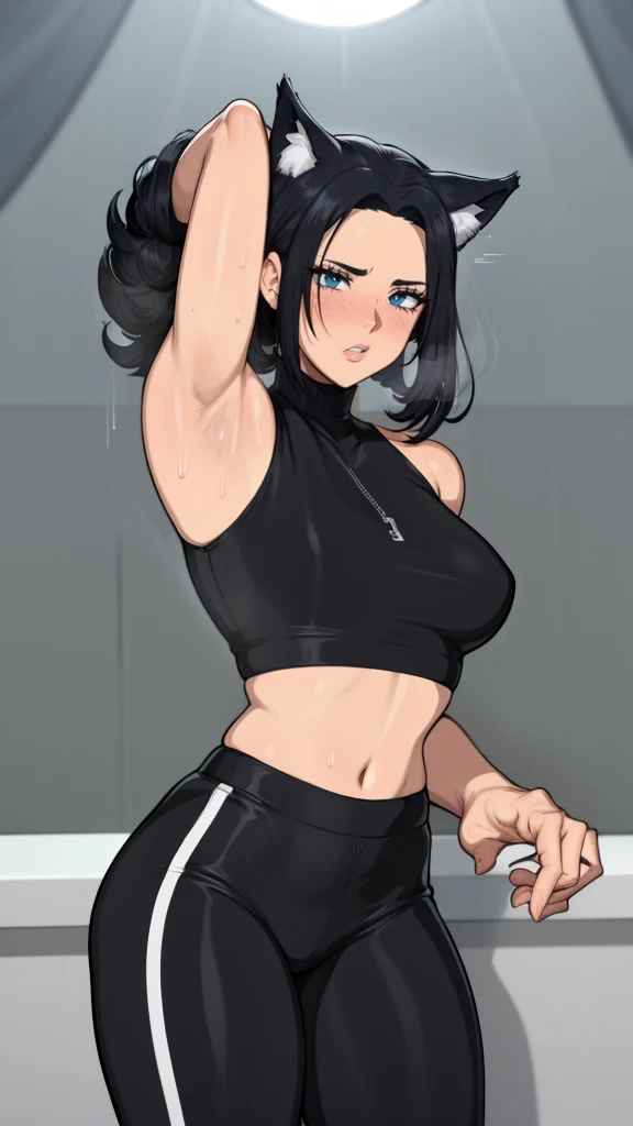 gym background、Super detailed illustrations、Super precise expression、masterpiece、highest quality、ultra high resolution、high resolution、(Sweat、body fluid)、shiny skin、black hair、wolf cut hair、red eyes、black croptop turtleneck、sleeveless、Standing picture、hot pants、put hands behind head, armpits, armpits visible, sweaty armpits, small breasts