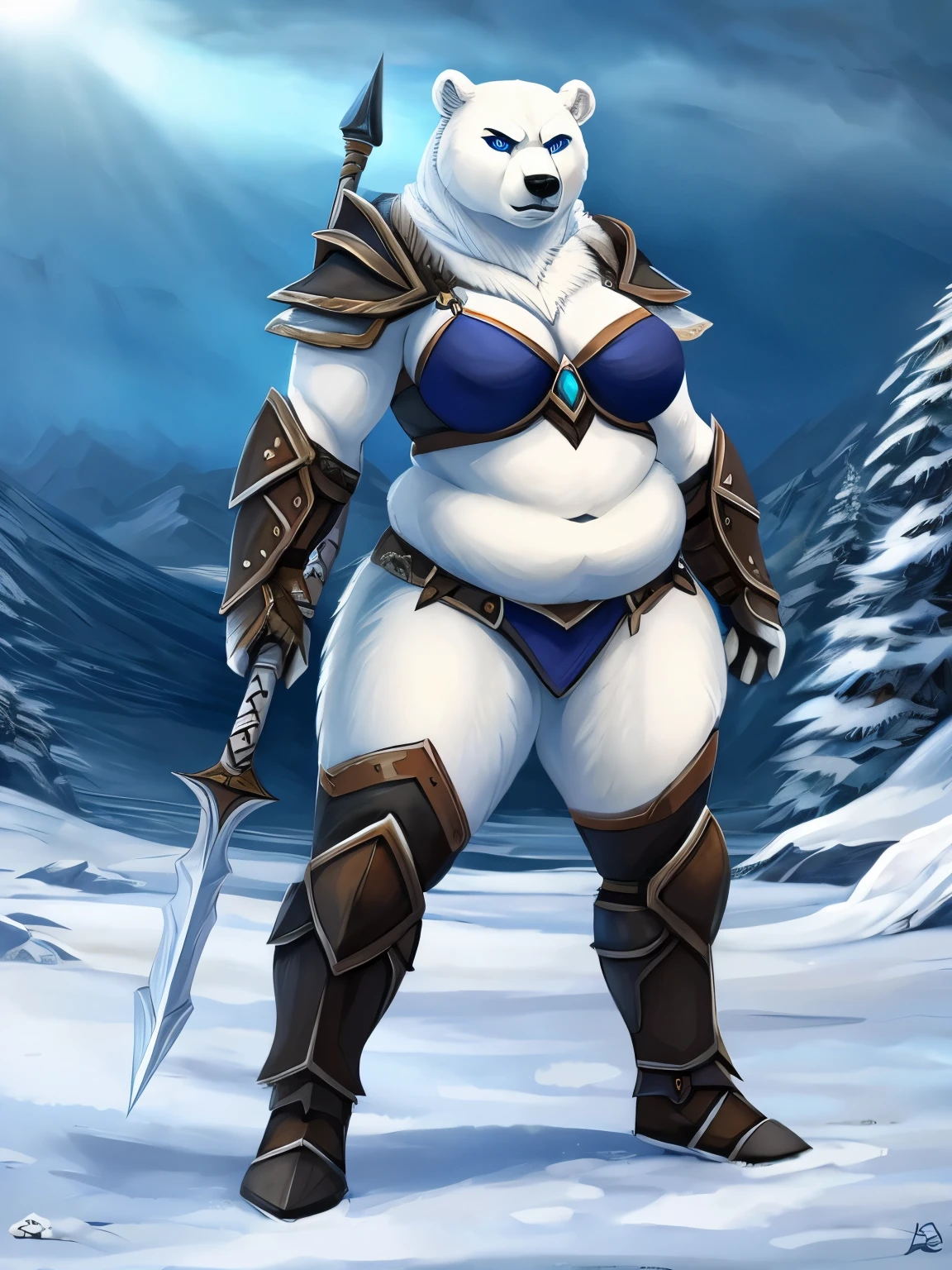 female, polar bear, fat, obese, huge hips, thick thighs, skimpy barbarian armor, bright blue eyes, arctic landscape, blizzard, stern expression, battle pose, long spear