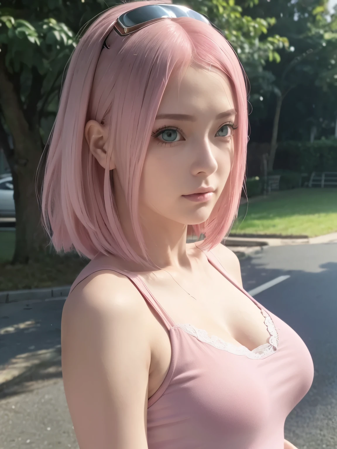 (((masterpiece+highest quality+High resolution+Very detailed))), Sakura Haruno, solo, (([woman]: 1.3 + [beauty]: 1.3+ pink hair: 1.5)), pink eyes, Bright Eyes, Dynamic angles and postures, wallpaper, ((natural big breasts:1.2)), Sakura Haruno outfit, (Ultra Realistic:1.5), (Photo Realistic:1.5), (UHD:1.5), crystal tattoo at the forehead, NSFW, slim, tank top, lace