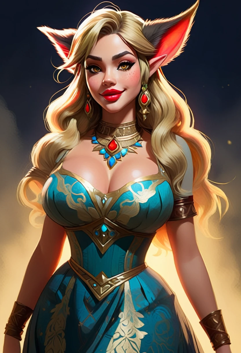 Create an illustrated, hand-drawn, full-color masterpiece with warm lighting and shadows. Incorporate graphite shading, stencil marks, and airbrushed acrylic paint in the style of "Breath of the Wild." The image should feature a beautiful goblin woman with a humanoid, furry appearance. She has red skin, bright eyes, luscious lips, and a wide smile. Depict her with a perfect, symmetrical face and a curvy hourglass figure with large breasts. She is wearing a long flowing lacey dress with a high neck and long billowing skirts. The background should be detailed and sharp, adding to the overall high-resolution, best quality, and detailed art piece.
