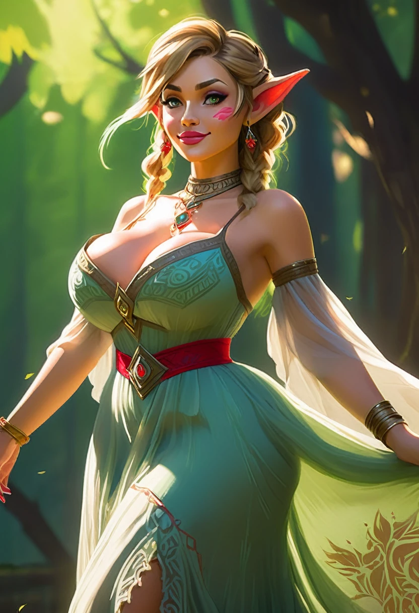 Create an illustrated, hand-drawn, full-color masterpiece with warm lighting and shadows. Incorporate graphite shading, stencil marks, and airbrushed acrylic paint in the style of "Breath of the Wild." The image should feature a beautiful goblin woman with a humanoid, furry appearance. She has red skin, bright eyes, luscious lips, and a wide smile. Depict her with a perfect, symmetrical face and a curvy hourglass figure with large breasts. She is wearing a long flowing lacey dress with a high neck and long billowing skirts. The background should be detailed and sharp, adding to the overall high-resolution, best quality, and detailed art piece.
