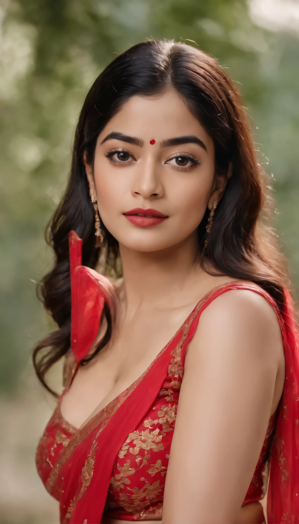 A woman (rashmika mandanna) look erotica look hot bhabhi transparent saree nude red panty big ass 8k photography