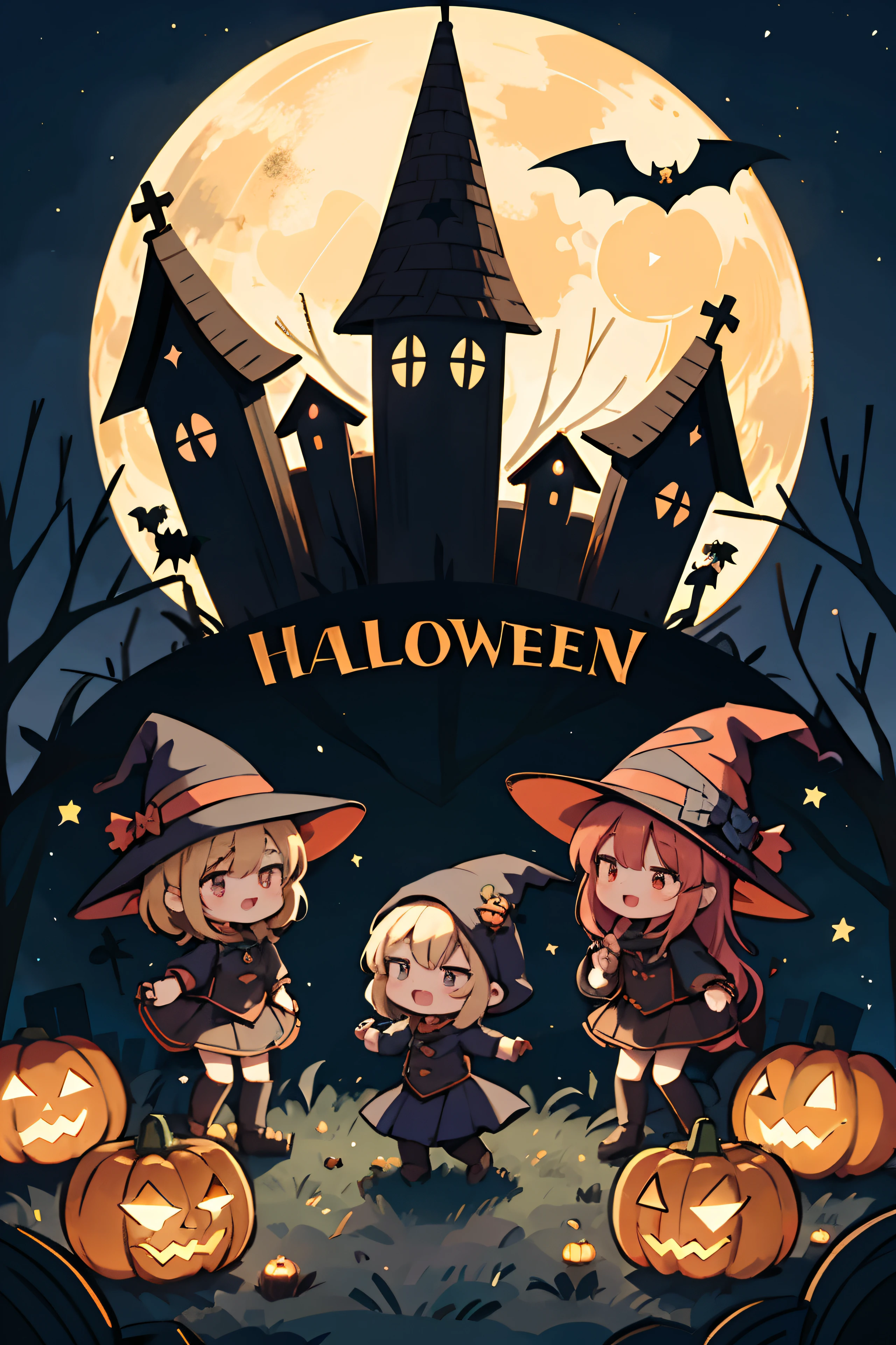 Drawing of a very cute group of young witches and some adorable dwarves dancing around a Halloween pumpkin. starry night, Huge full moon, Happy Characters. Lights of the hamlet at night, bat、Owls and trees