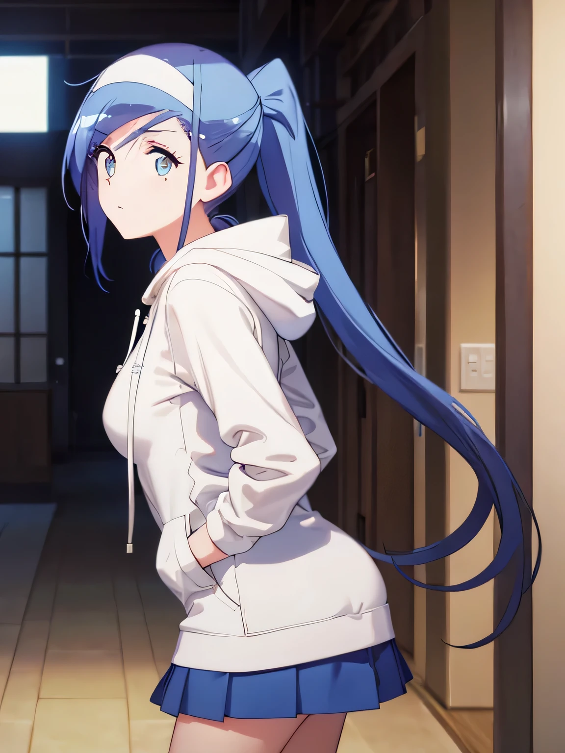 1woman,super beautiful,Stand, facing left, camera angle from the side, looking away, photo from the side,half body photo,Beautiful eyes, very detailed face,cute, tennis skirt,HD face, perfect face, white hoodie,long hoodie,black mini skirt,Very big breasts,ponytail,bangs,blue eyes,ultra detail,ultra Hd, masterpiece,4k